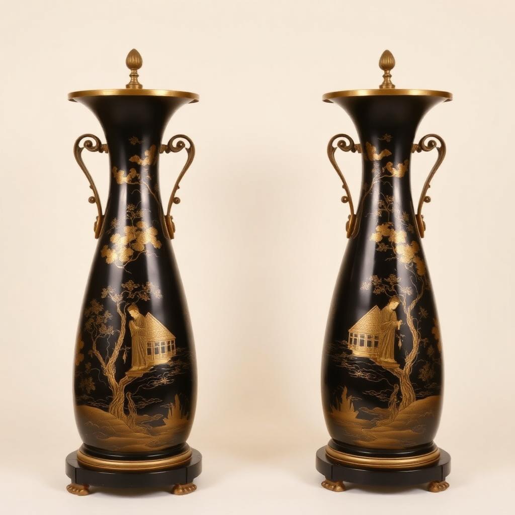 Pair of English Regency Style Lacquered Chinoiserie Floor Vases