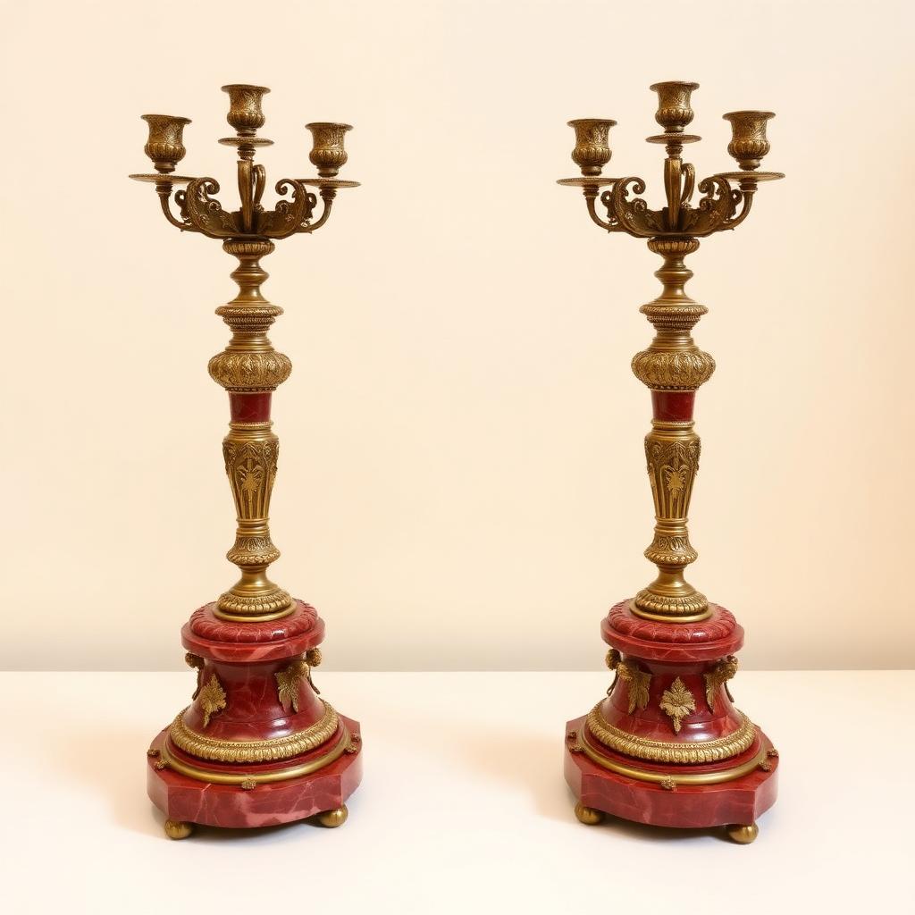 Pair of French Empire Bronze and Rouge Marble Candelabras