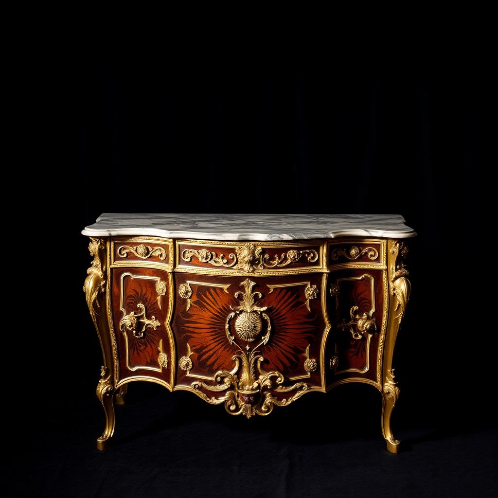 18th Century Louis XV Gilt Bronze Mounted Marquetry Commode — Georgian-era antiques from the Elysian Antiques & Collectibles collection. Museum-quality Louis XV commode, marble top, ormolu mounts.
