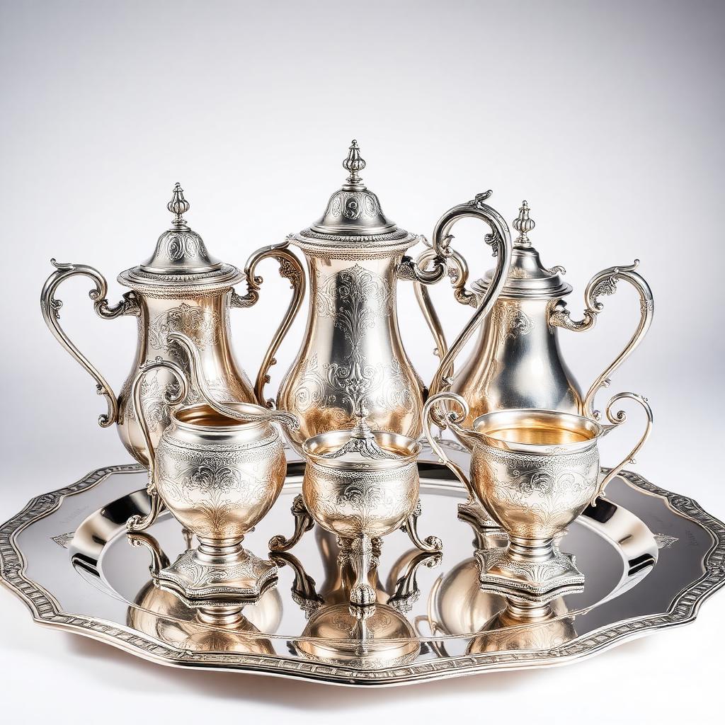 Georgian Sterling Silver Five-Piece Tea & Coffee Service — Georgian-era antiques from the Elysian Antiques & Collectibles collection. Engraved sterling service with original tray.
