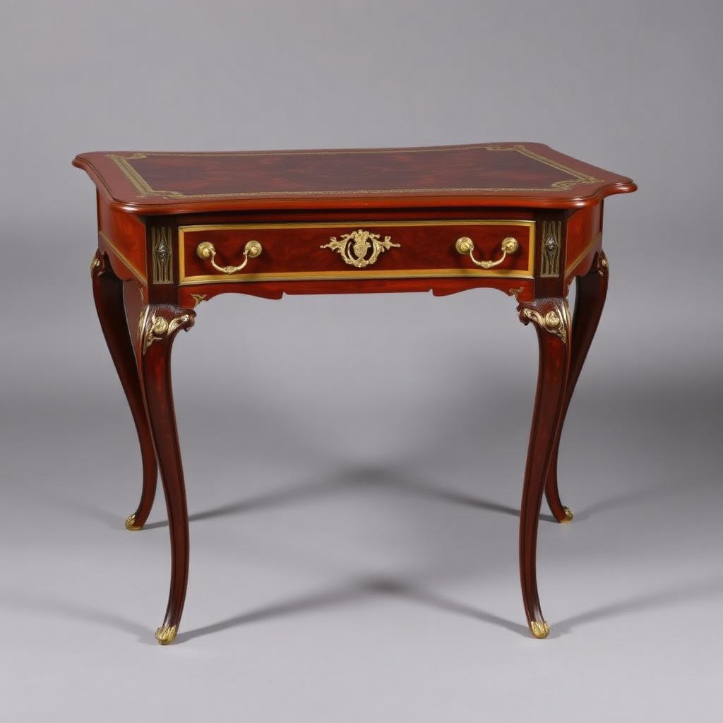 Louis XVI Mahogany and Gilt Bronze Bureau Plat — Georgian-era antiques from the Elysian Antiques & Collectibles collection. Tooled leather top, gilt bronze mounts, cabriole legs.