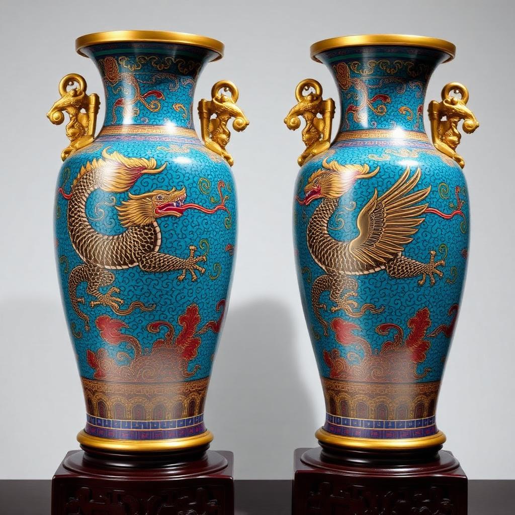 Pair of Qing Dynasty Cloisonné Enamel Palace Vases — Victorian-era antiques from the Elysian Antiques & Collectibles collection. Turquoise ground with dragon and phoenix, gilt bronze rims.