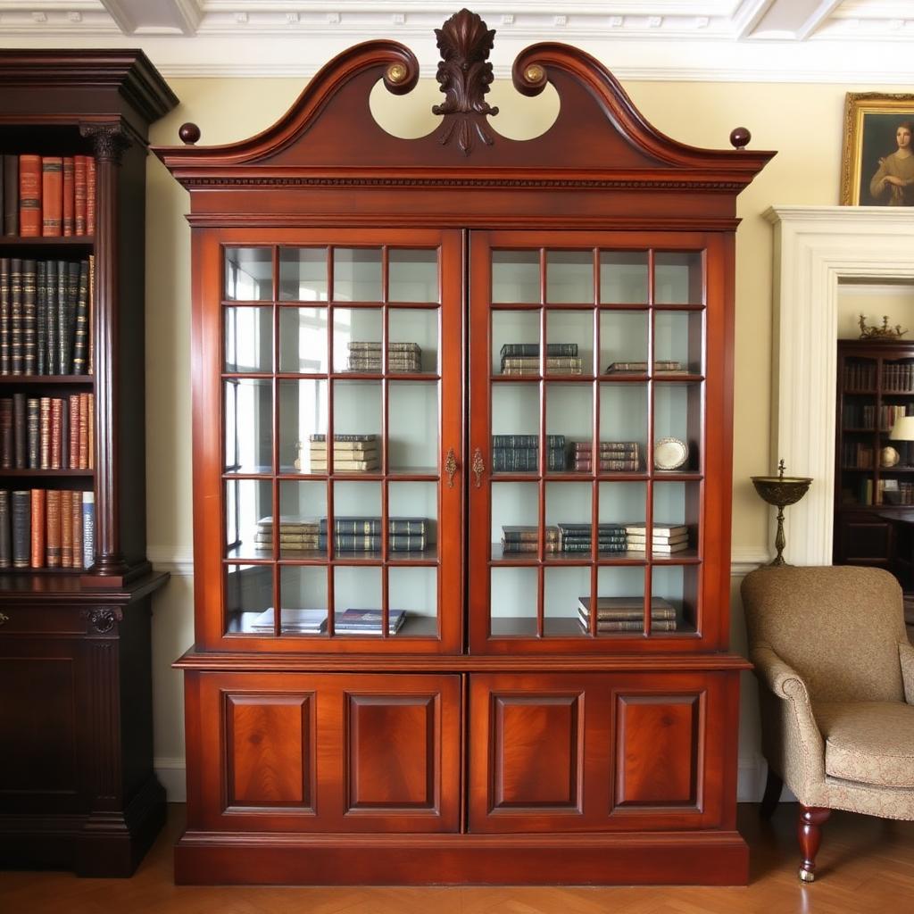 Georgian Mahogany Breakfront Library Bookcase — Georgian-era antiques from the Elysian Antiques & Collectibles collection. Glazed doors, original brass hardware, hand-carved pediment.
