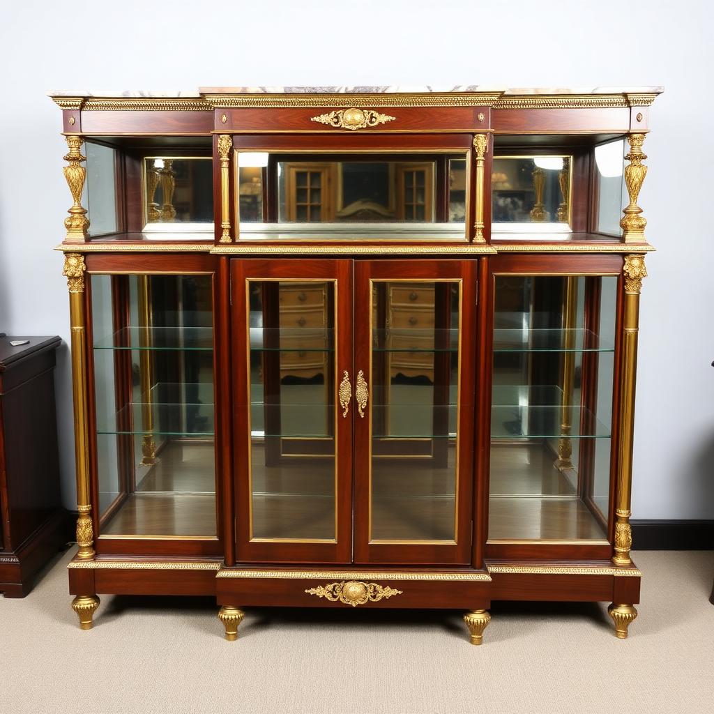 French Charles X Rosewood Gilt Bronze Vitrine Cabinet — Georgian-era antiques from the Elysian Antiques & Collectibles collection. Mirrored back, marble top, gilt bronze mounts.