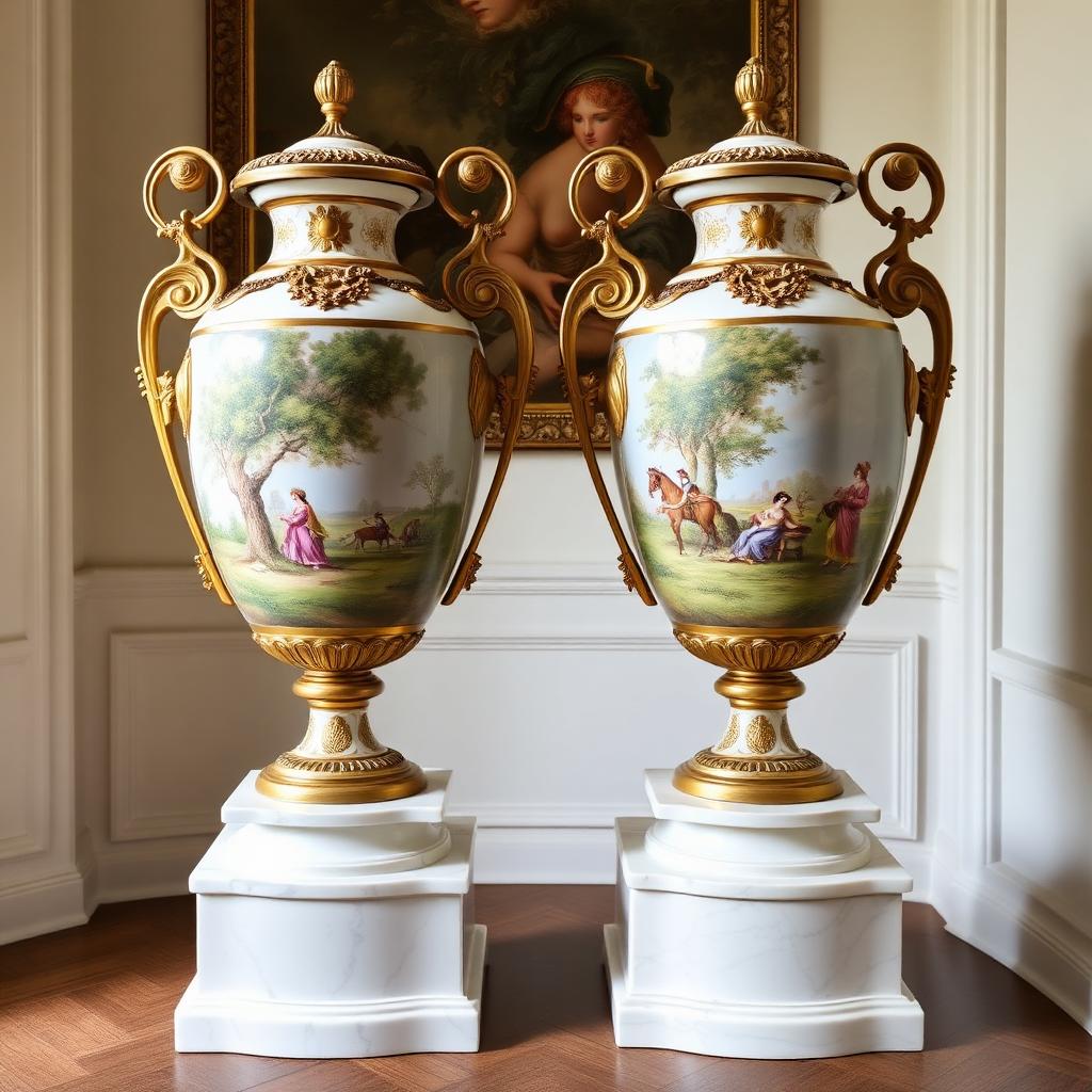 Pair of Monumental 19th Century Sèvres Porcelain Urns — Victorian-era antiques from the Elysian Antiques & Collectibles collection. Hand-painted pastoral scenes, gilt bronze mounts, on marble pedestals.