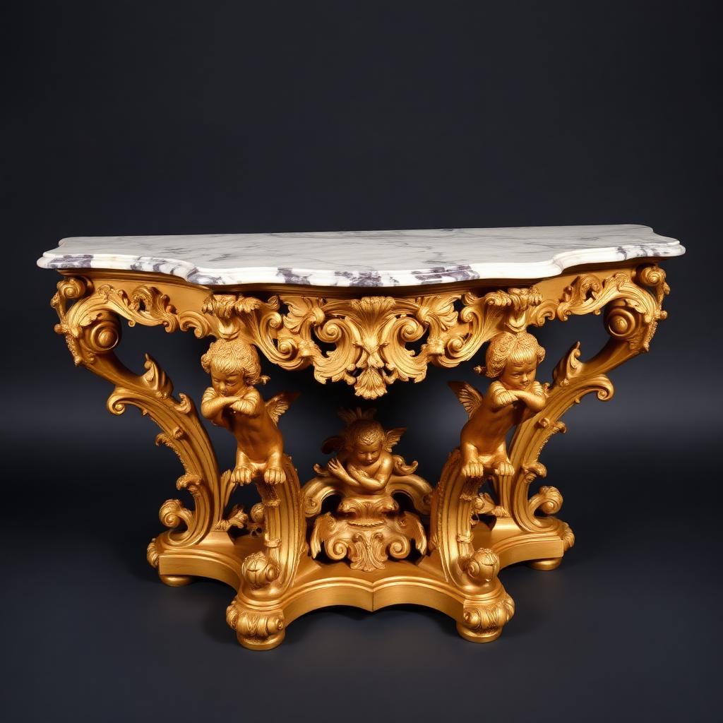 17th Century Italian Baroque Giltwood Console Table — Georgian-era antiques from the Elysian Antiques & Collectibles collection. Hand-carved cherubs and acanthus, original marble top.