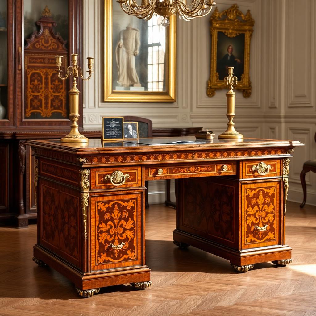 18th Century French Boulle Marquetry Writing Desk — Georgian-era antiques from the Elysian Antiques & Collectibles collection. Tortoiseshell and brass Boulle marquetry, ormolu mounts.