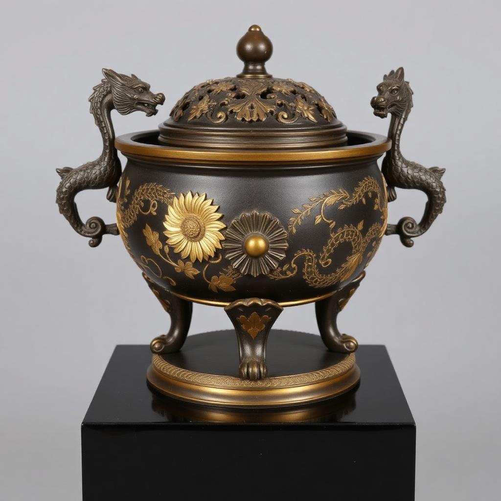 Meiji Period Imperial Japanese Bronze and Gilt Koro — Victorian-era antiques from the Elysian Antiques & Collectibles collection. Bronze incense burner with dragon handles, gilt highlights.
