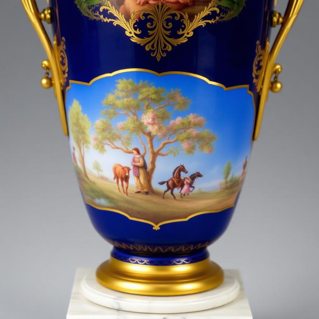 19th Century Sèvres Style Cobalt Porcelain Vase, Ormolu Mounted — Victorian-era antiques from the Elysian Antiques & Collectibles collection. Hand-painted pastoral reserves on cobalt ground, gilt mounts.