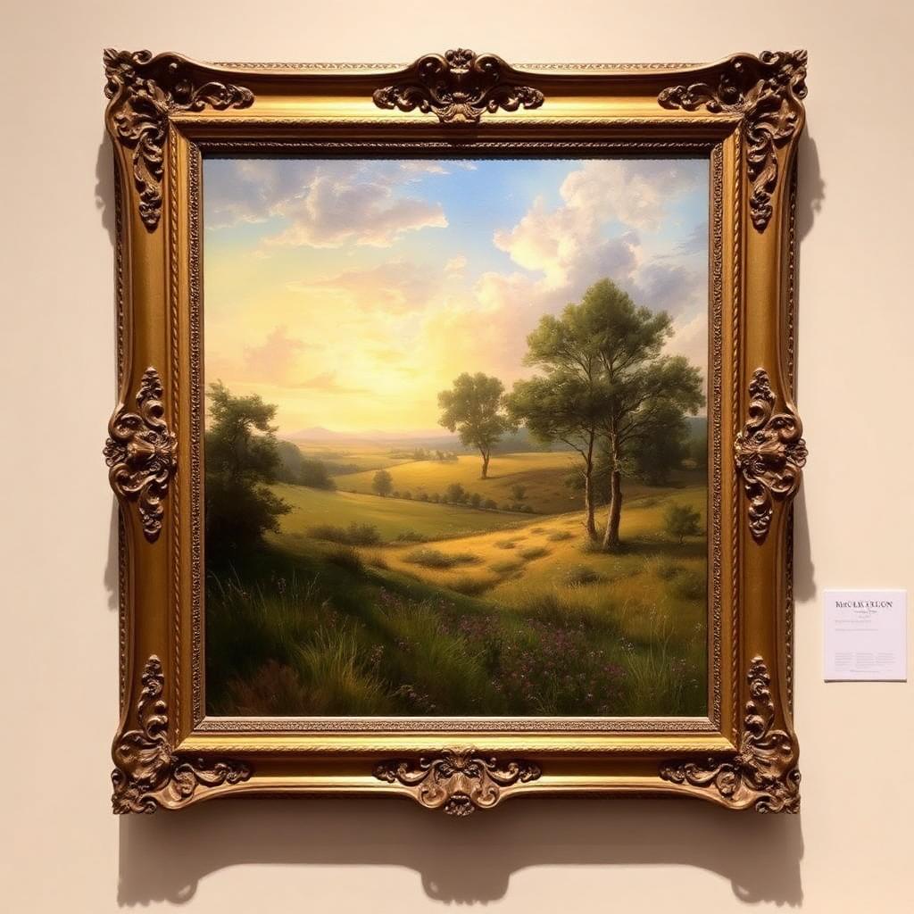 19th Century European Pastoral Landscape, Oil on Canvas — Victorian-era fine art from the Elysian Antiques & Collectibles collection. Golden hour landscape in original gilt frame.