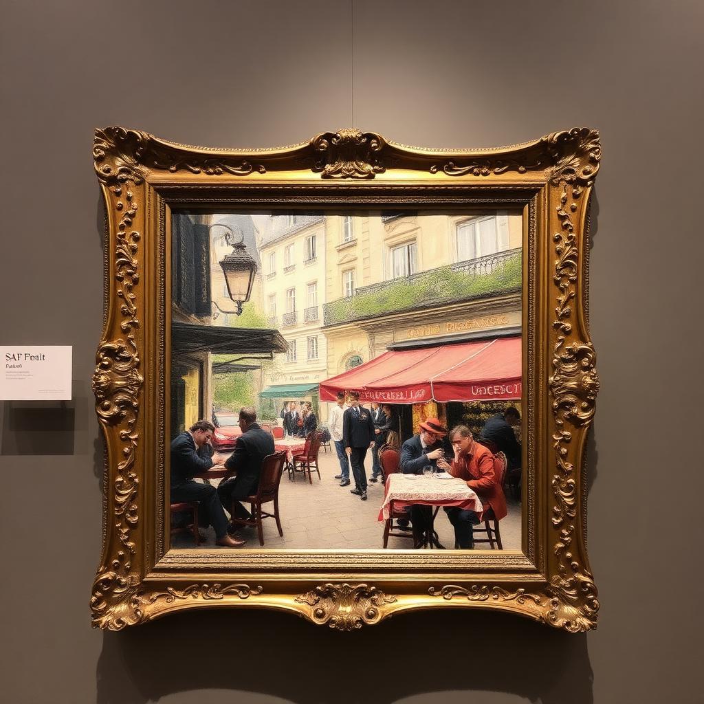 Impressionist Parisian Café Scene, Oil on Canvas — Edwardian-era fine art from the Elysian Antiques & Collectibles collection. Parisian street life in ornate gilt frame.
