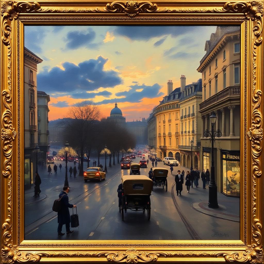 Impressionist Parisian Boulevard at Dusk, Oil on Canvas — Edwardian-era fine art from the Elysian Antiques & Collectibles collection. Atmospheric Parisian scene in ornate gilt frame.