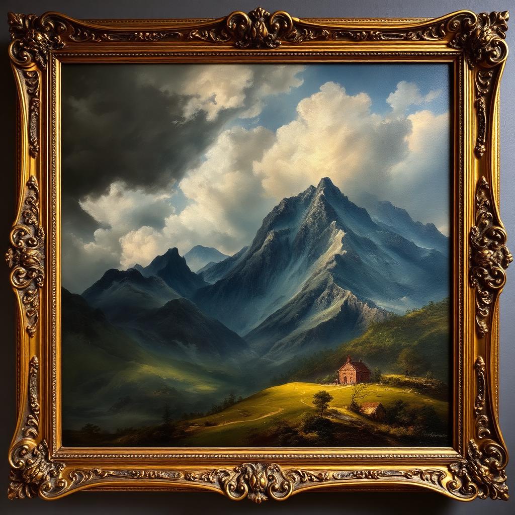 Romantic Alpine Mountain Landscape with Chapel, Oil on Canvas — Victorian-era fine art from the Elysian Antiques & Collectibles collection. Dramatic clouds over mountains, heavy carved gilt frame.
