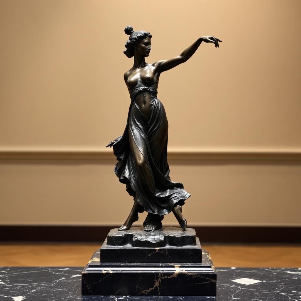 Patinated Bronze Sculpture of a Classical Dancer on Marble — Victorian-era fine art from the Elysian Antiques & Collectibles collection. Gallery-scale bronze dancer in flowing robes, marble base.