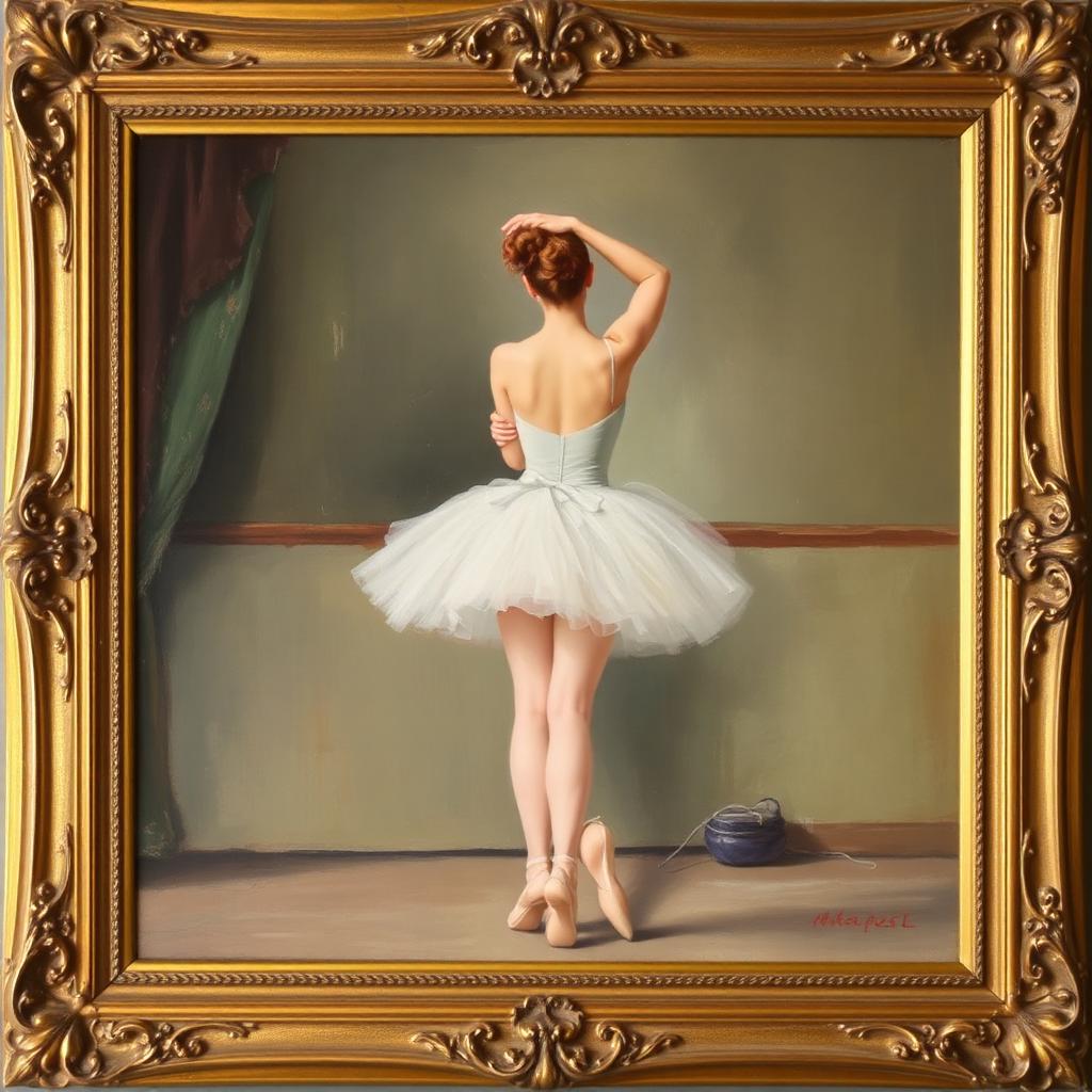 Impressionist Ballerina Backstage, Oil on Canvas — Edwardian-era fine art from the Elysian Antiques & Collectibles collection. Soft Impressionist brushwork in pastel tones, carved gilt frame.