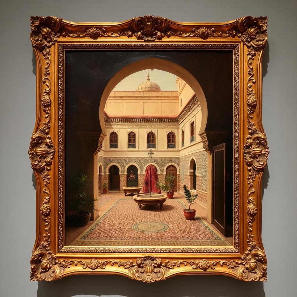 Orientalist Moroccan Courtyard Scene, Oil on Canvas — Victorian-era fine art from the Elysian Antiques & Collectibles collection. Sun-drenched mosaic courtyard, ornate gilt frame.