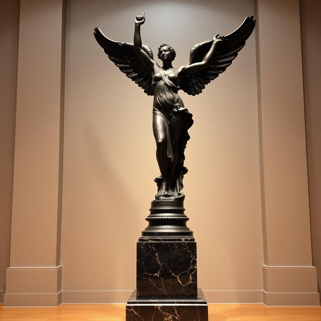 Monumental French Bronze Winged Victory on Marble Plinth — Victorian-era fine art from the Elysian Antiques & Collectibles collection. Patinated bronze winged figure on tall marble plinth, gallery scale.