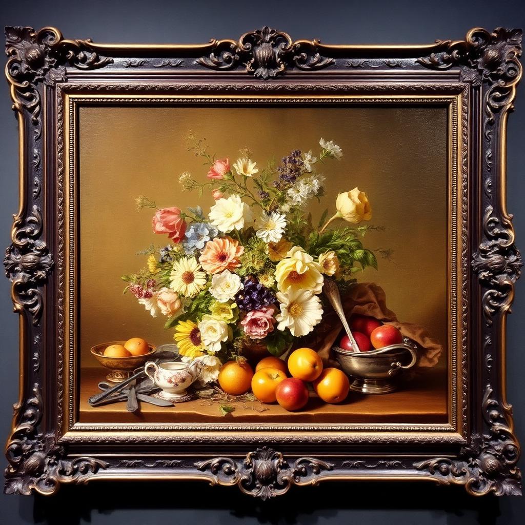 Dutch Golden Age Style Floral Still Life, Oil on Canvas — Georgian-era fine art from the Elysian Antiques & Collectibles collection. Lush still life with flowers, fruit and silver in carved frame.