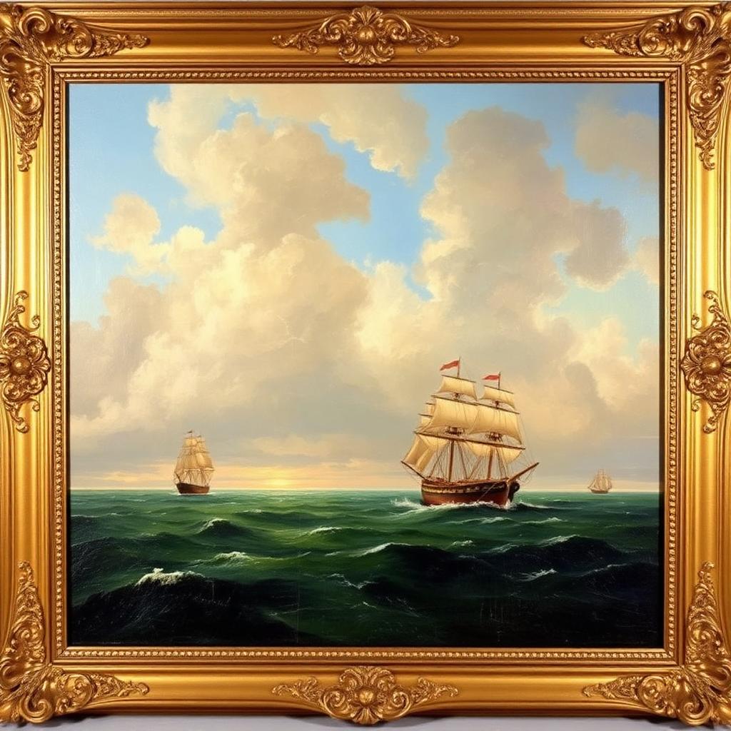 19th Century Romantic Seascape with Tall Ships, Oil on Canvas — Victorian-era fine art from the Elysian Antiques & Collectibles collection. Dramatic seascape in heavy carved gilt frame.