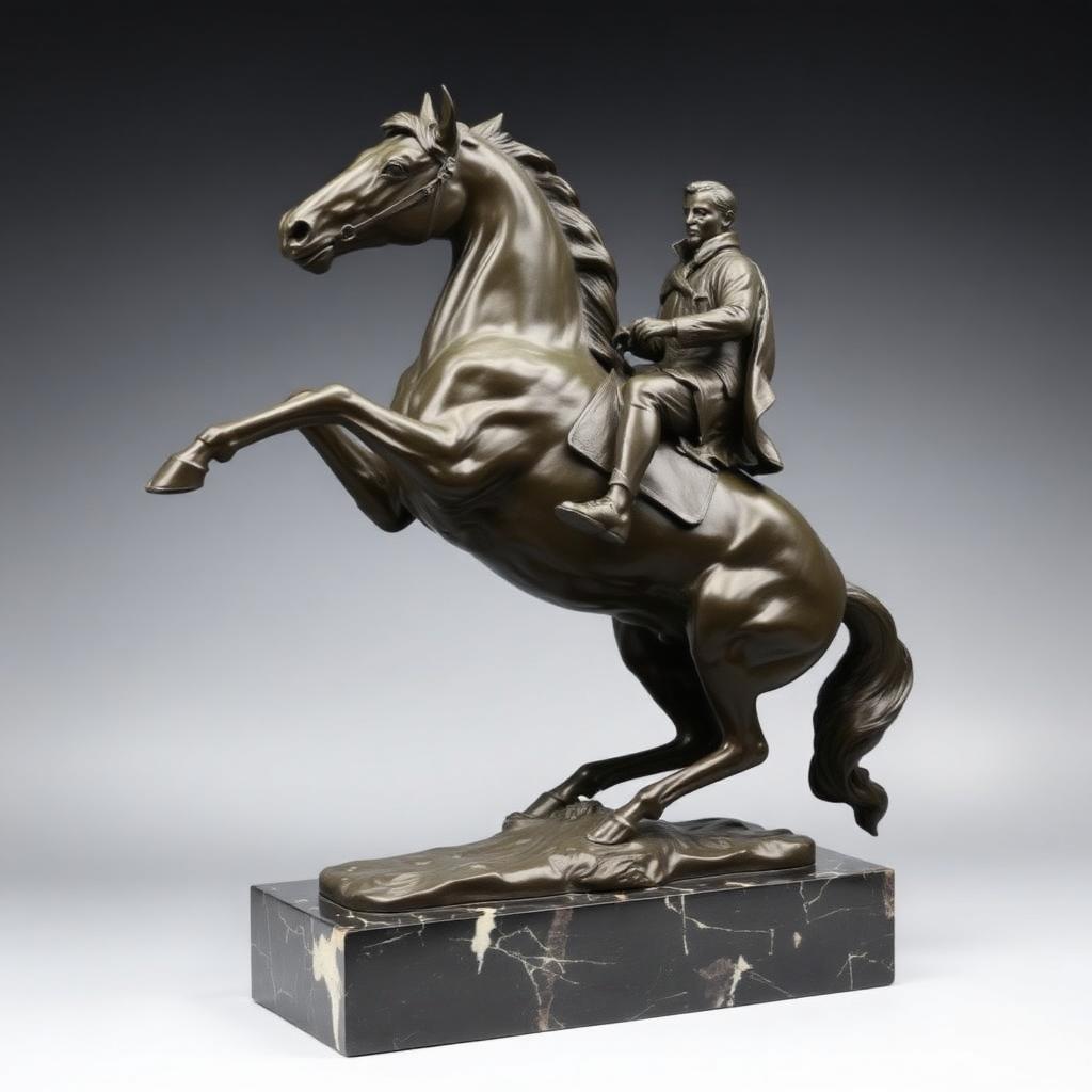 Monumental 19th Century French Bronze Equestrian Sculpture — Victorian-era fine art from the Elysian Antiques & Collectibles collection. Patinated bronze rearing horse and rider on marble base.