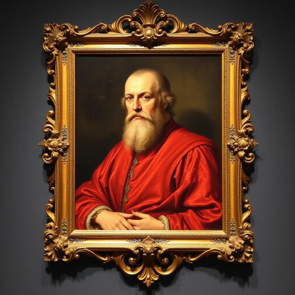 Italian Renaissance Style Portrait of a Nobleman, Oil on Canvas — Georgian-era fine art from the Elysian Antiques & Collectibles collection. Portrait in rich crimson robes, ornate gilt Baroque frame.