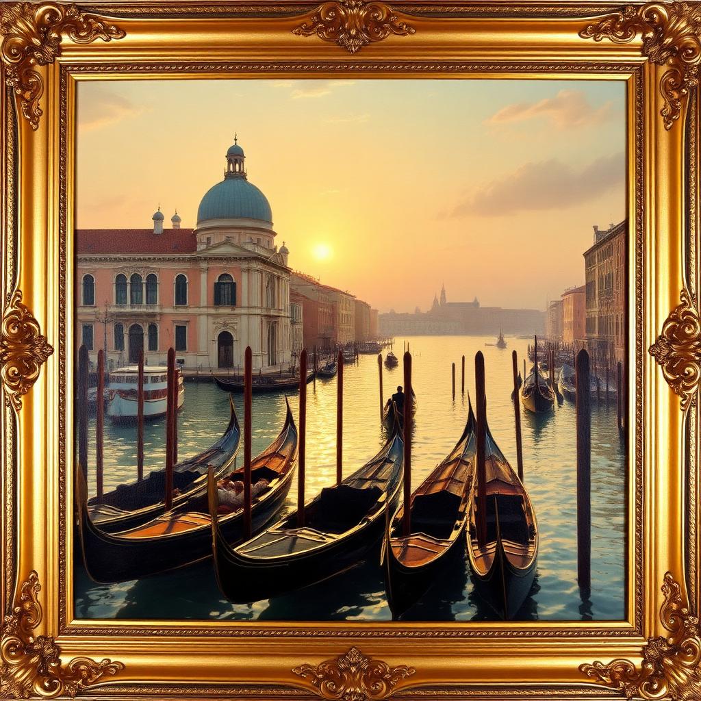 Venetian View of the Grand Canal at Sunset, Oil on Canvas — Victorian-era fine art from the Elysian Antiques & Collectibles collection. Gondolas at golden hour, ornate gilt frame.