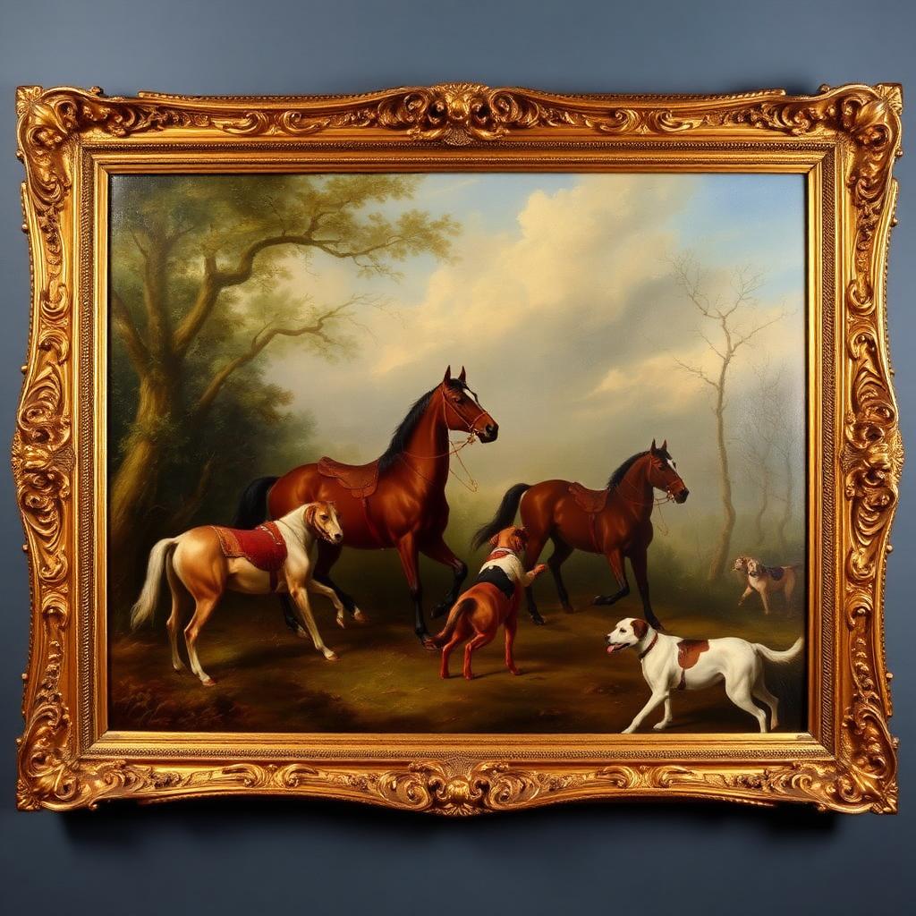 English Hunting Scene with Horses and Hounds, Oil on Canvas — Victorian-era fine art from the Elysian Antiques & Collectibles collection. Noble hunt in misty woodland, carved gilt frame.