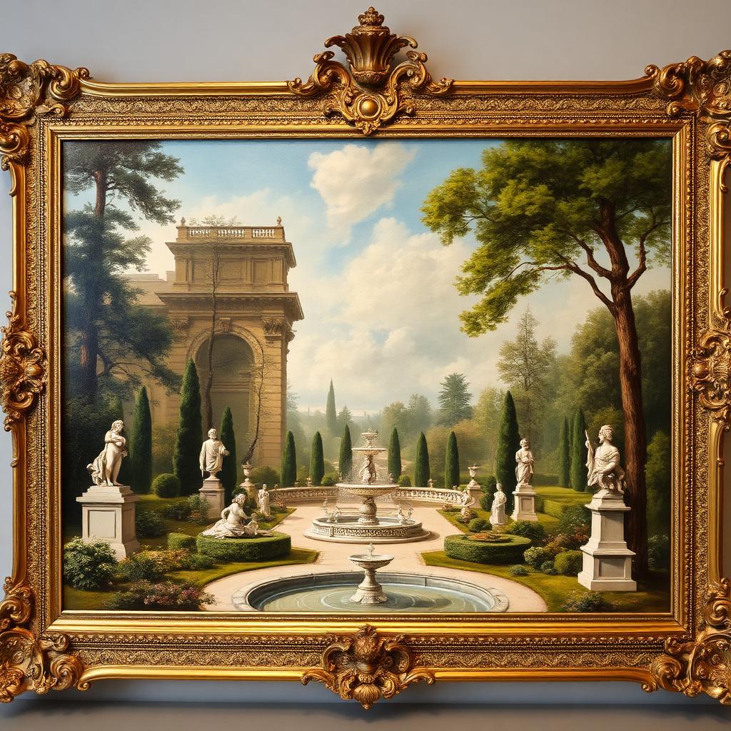 French Academic Classical Garden with Statuary, Oil on Canvas — Edwardian-era fine art from the Elysian Antiques & Collectibles collection. Marble statuary and fountains, ornate Louis XV gilt frame.