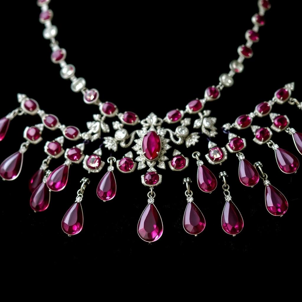 Edwardian Burmese Ruby and Diamond Cascade Necklace — Edwardian-era jewelry from the Elysian Antiques & Collectibles collection. Pear-shaped Burmese rubies with old mine cut diamonds, platinum.