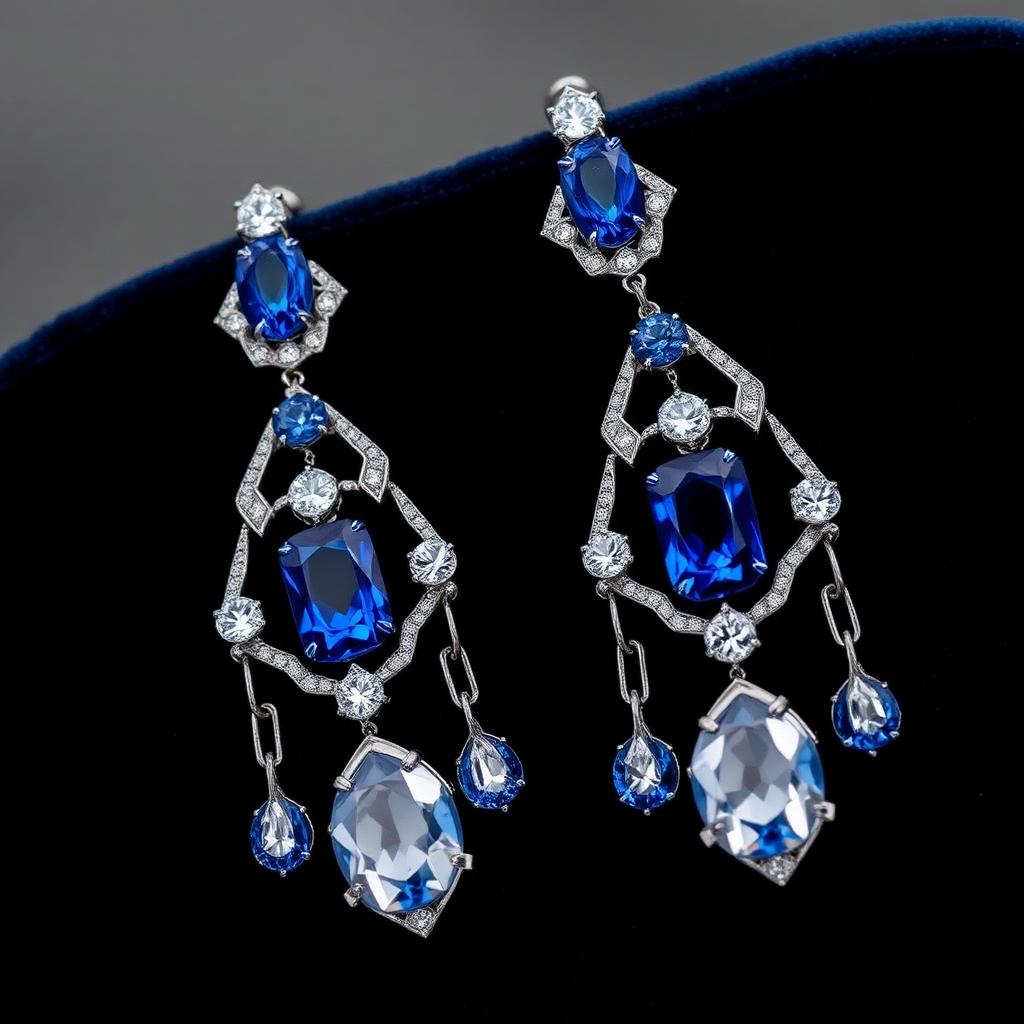 Art Deco Ceylon Sapphire and Diamond Chandelier Earrings — Art Deco-era jewelry from the Elysian Antiques & Collectibles collection. Articulated platinum mounts, Ceylon sapphires, old European diamonds.