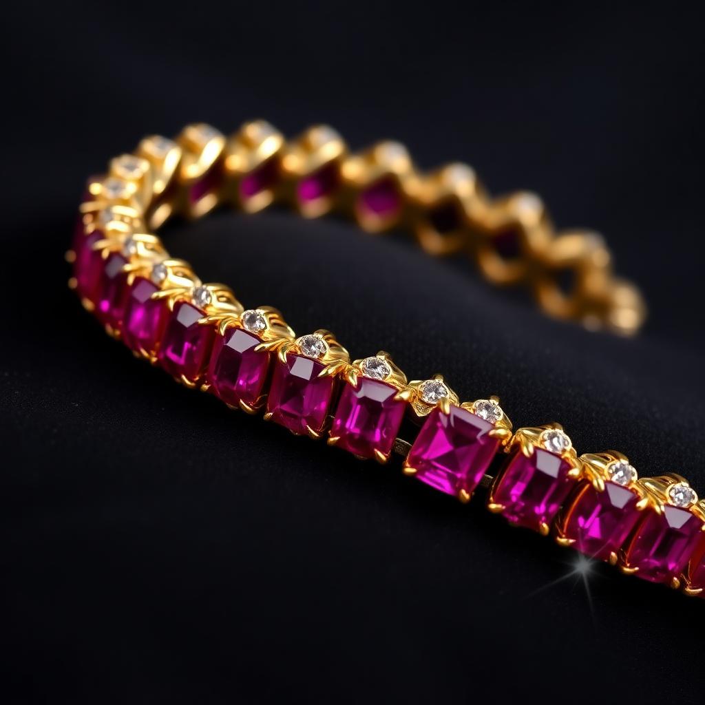 Antique Gold Burmese Ruby and Diamond Line Bracelet — Victorian-era jewelry from the Elysian Antiques & Collectibles collection. Cushion-cut Burmese rubies alternating with old mine diamonds.