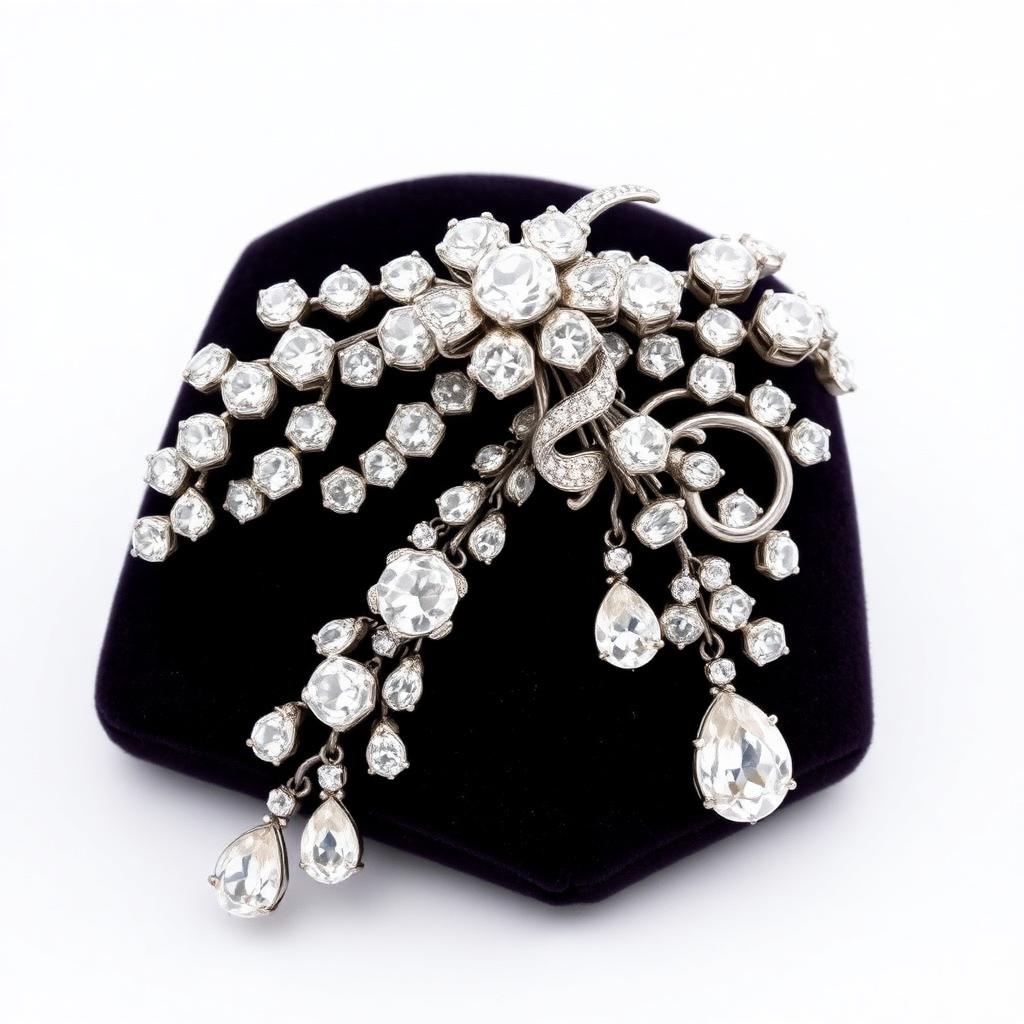 Belle Époque Platinum Diamond Garland Corsage Brooch — Edwardian-era jewelry from the Elysian Antiques & Collectibles collection. Cascading old European diamonds in garland and bow design.