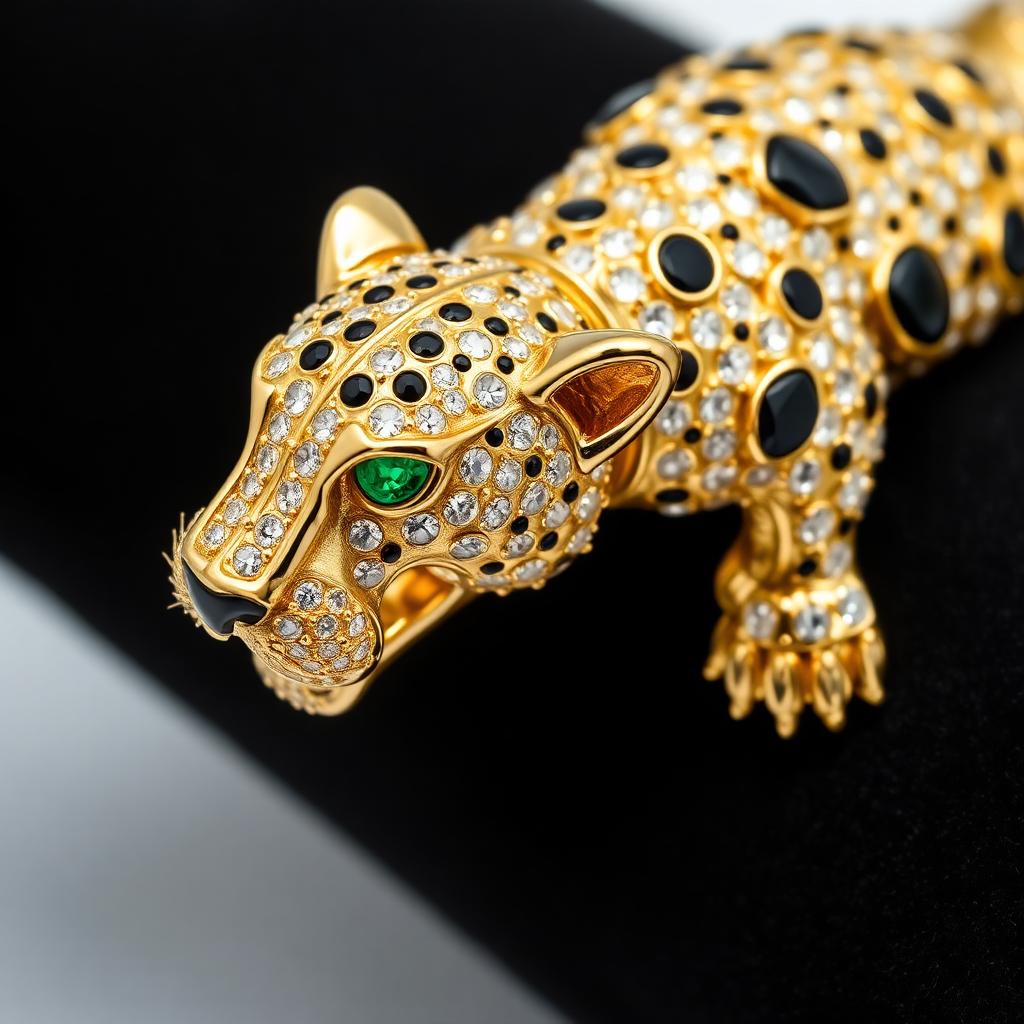 Vintage Yellow Gold Panther Bracelet with Emerald Eyes — Mid-Century-era jewelry from the Elysian Antiques & Collectibles collection. Articulated panther bracelet, pavé diamonds, emerald eyes, onyx spots.