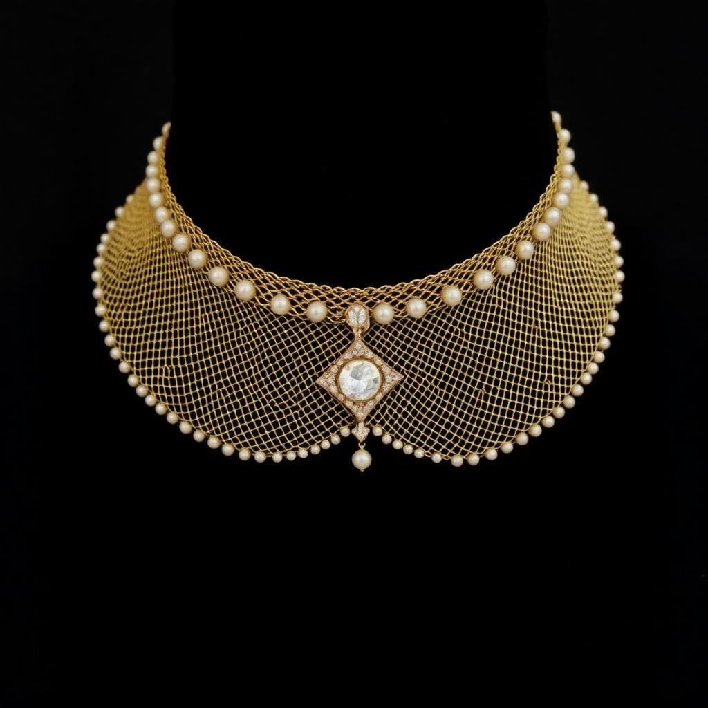 Belle Époque Gold Mesh and Seed Pearl Collar Necklace — Edwardian-era jewelry from the Elysian Antiques & Collectibles collection. Woven gold mesh collar with seed pearls and diamond pendant.