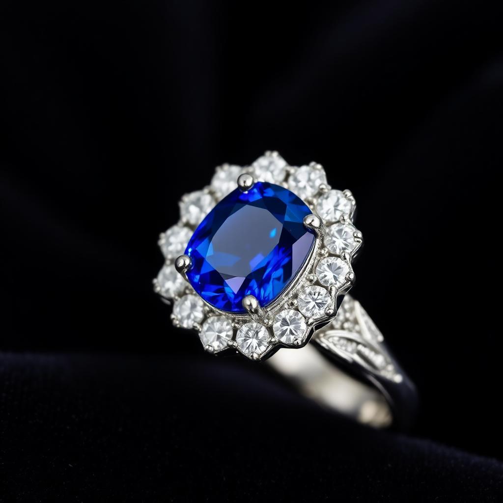 10.42 ct Kashmir Sapphire and Diamond Halo Ring — Contemporary-era jewelry from the Elysian Antiques & Collectibles collection. Unheated Kashmir sapphire, diamond halo, platinum.
