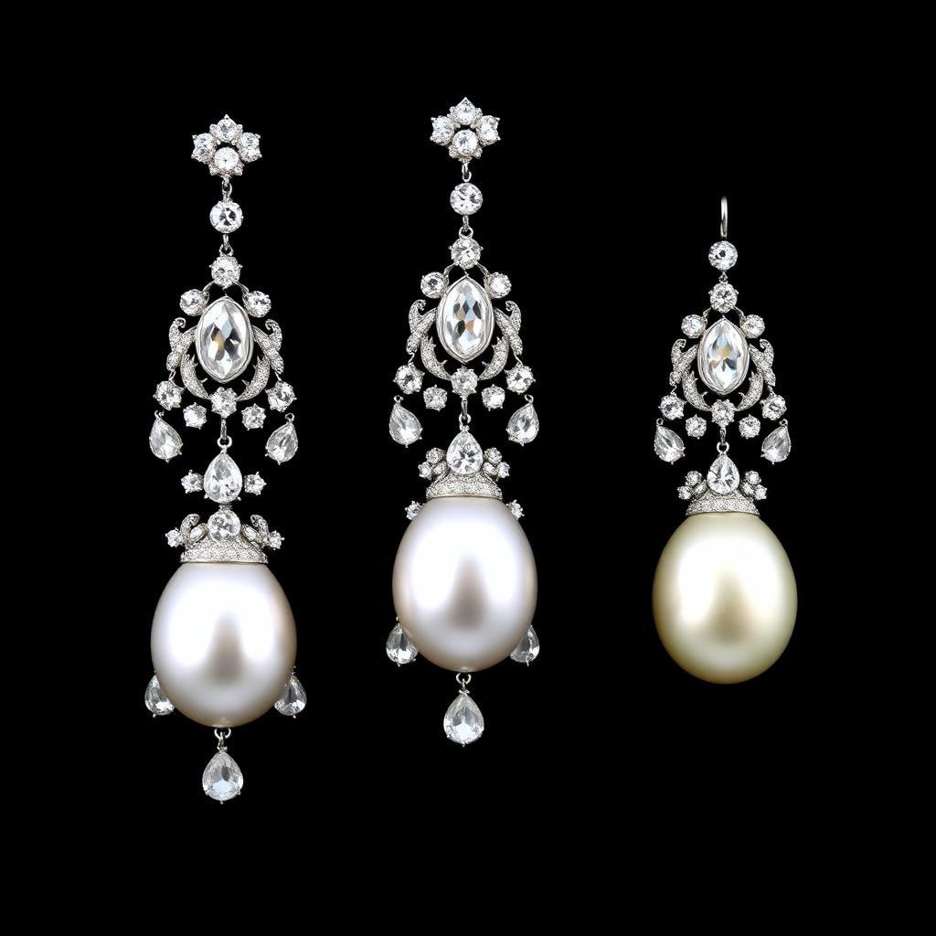 Art Deco South Sea Pearl & Diamond Chandelier Earrings — Art Deco-era jewelry from the Elysian Antiques & Collectibles collection. Drop South Sea pearls, articulated diamond mounts.