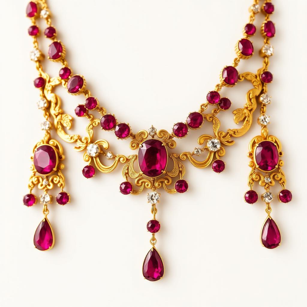 Victorian Gold, Burmese Ruby & Diamond Riviere Necklace — Victorian-era jewelry from the Elysian Antiques & Collectibles collection. Engraved gold scrollwork, cushion-cut Burmese rubies, old mine diamonds.
