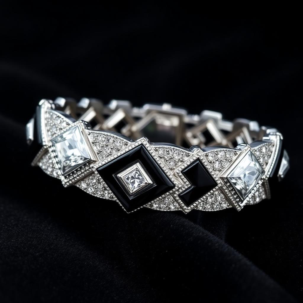 Art Deco Platinum Diamond and Onyx Bracelet — Art Deco-era jewelry from the Elysian Antiques & Collectibles collection. Geometric platinum bracelet, brilliant diamonds with onyx.