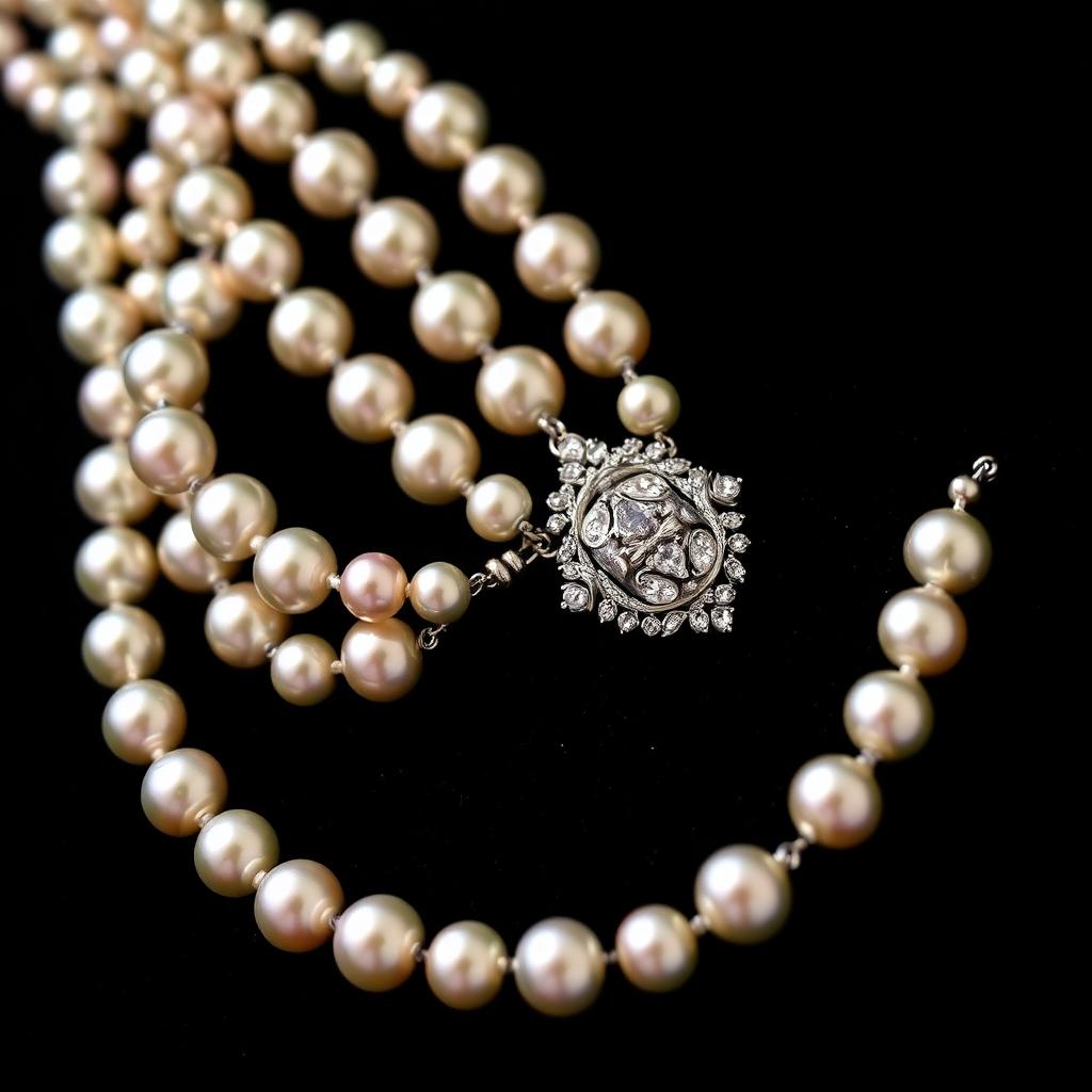 Edwardian Natural Pearl Multi-Strand Necklace with Diamond Clasp — Edwardian-era jewelry from the Elysian Antiques & Collectibles collection. Multi-strand saltwater pearls, antique diamond clasp.
