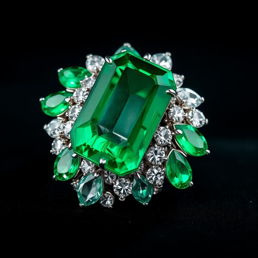Colombian Emerald and Diamond Cluster Cocktail Ring — Contemporary-era jewelry from the Elysian Antiques & Collectibles collection. Large Colombian emerald with pear-shaped diamond surround, platinum.