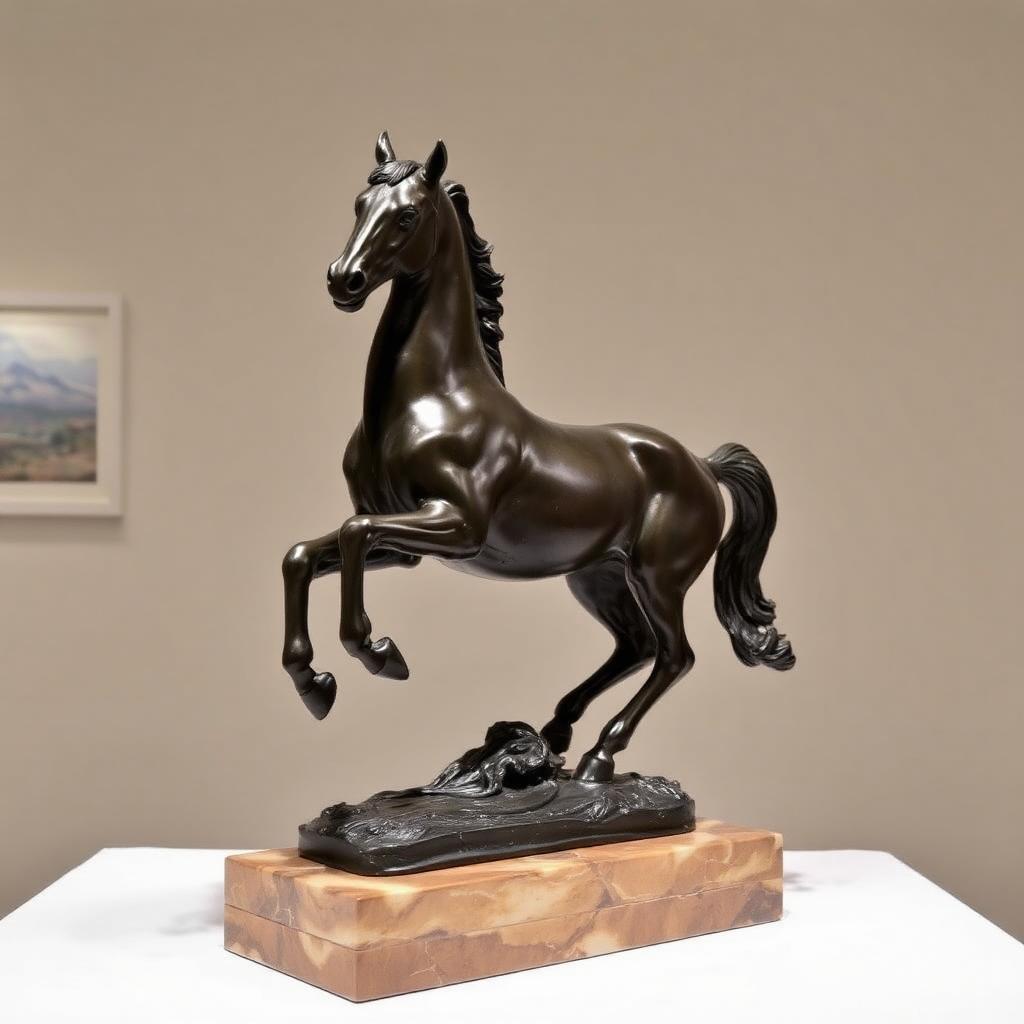 Antique Bronze Equestrian Sculpture on Marble Base — Victorian-era fine art from the Elysian Antiques & Collectibles collection. Patinated bronze horse in motion.